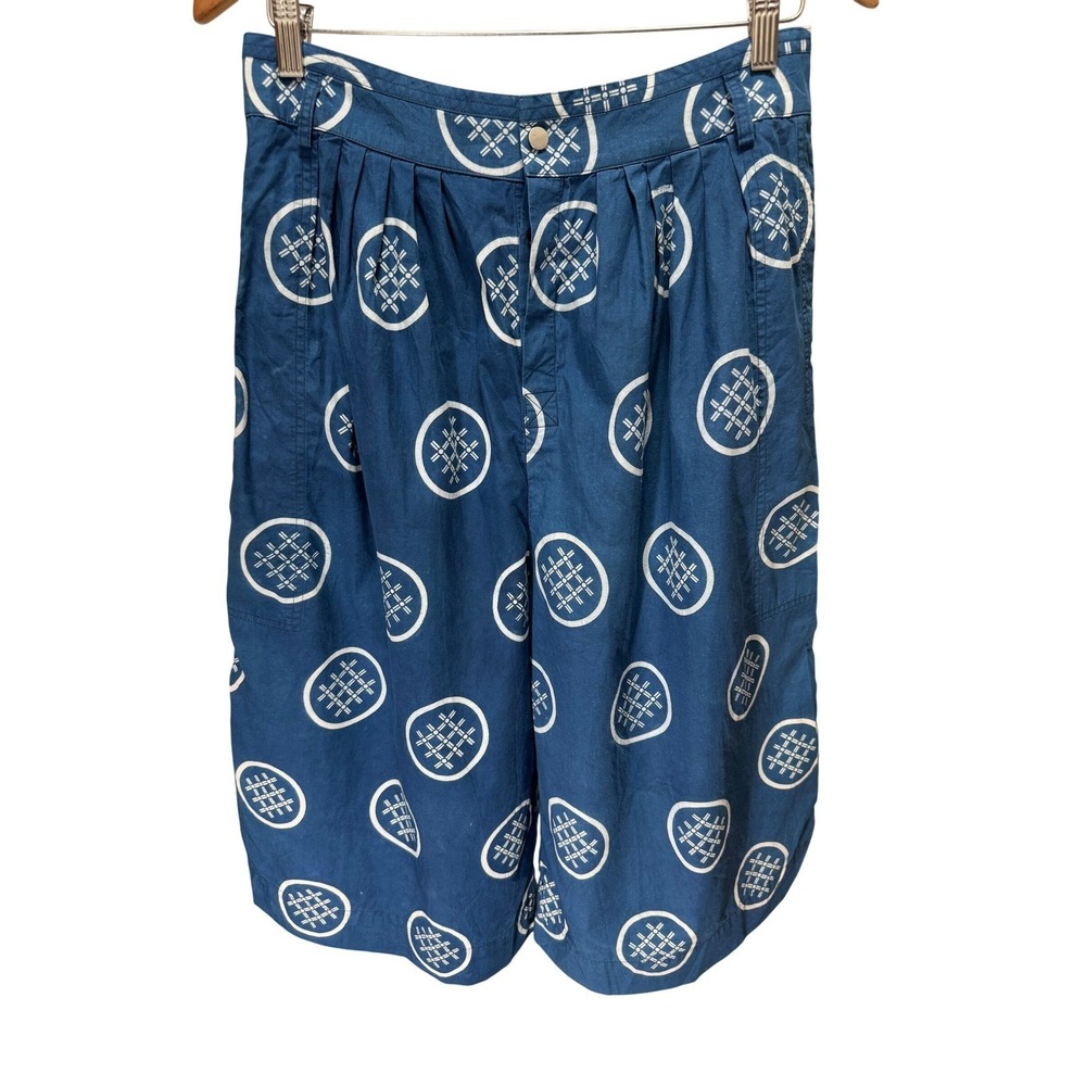 Nehera Culotte Pants Women 38 Blue White Circle Print Cotton Wide Leg Pleated‎